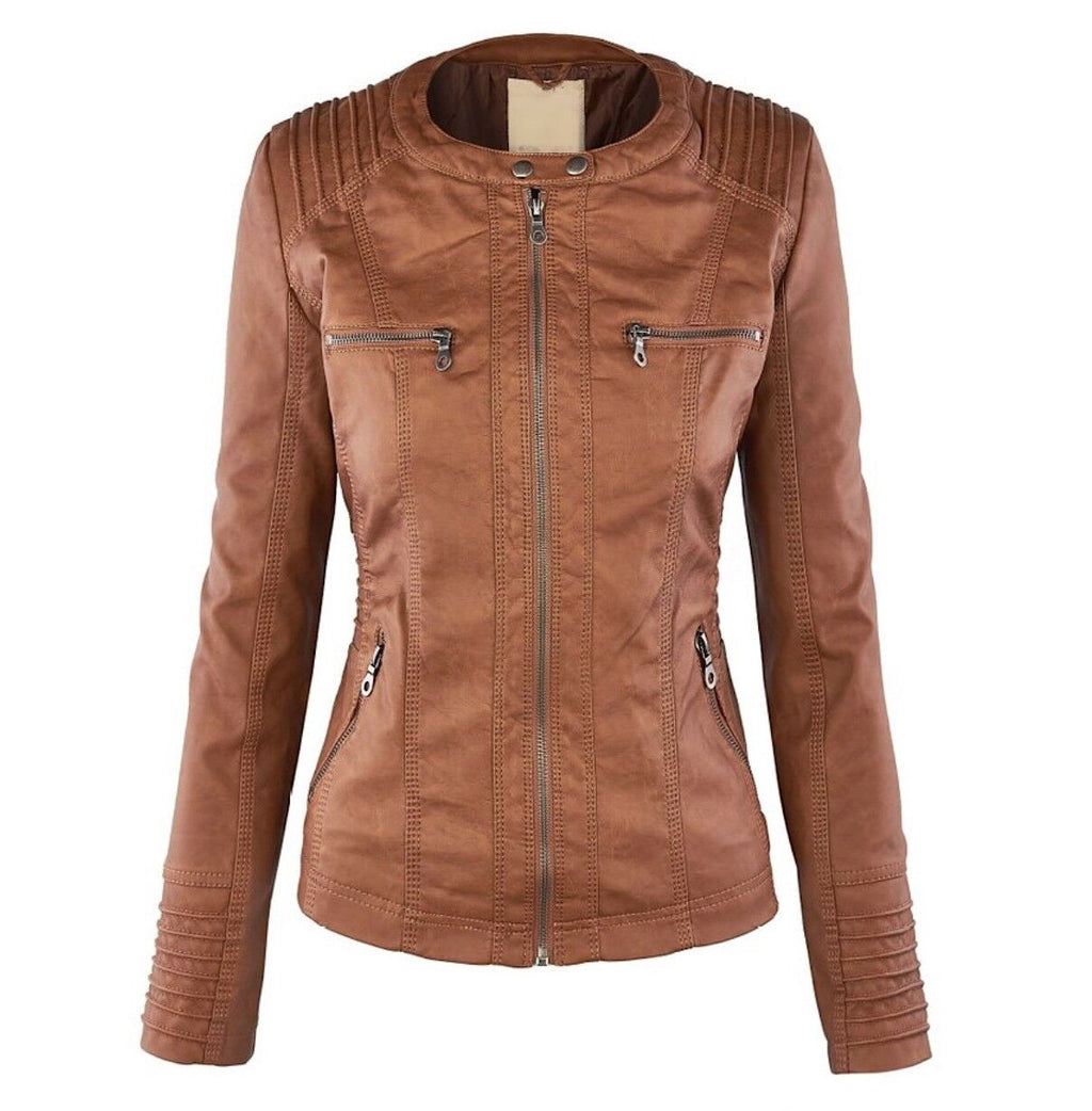 Women's Faux Leather Jacket – Classic Zip-Up Biker Jacket