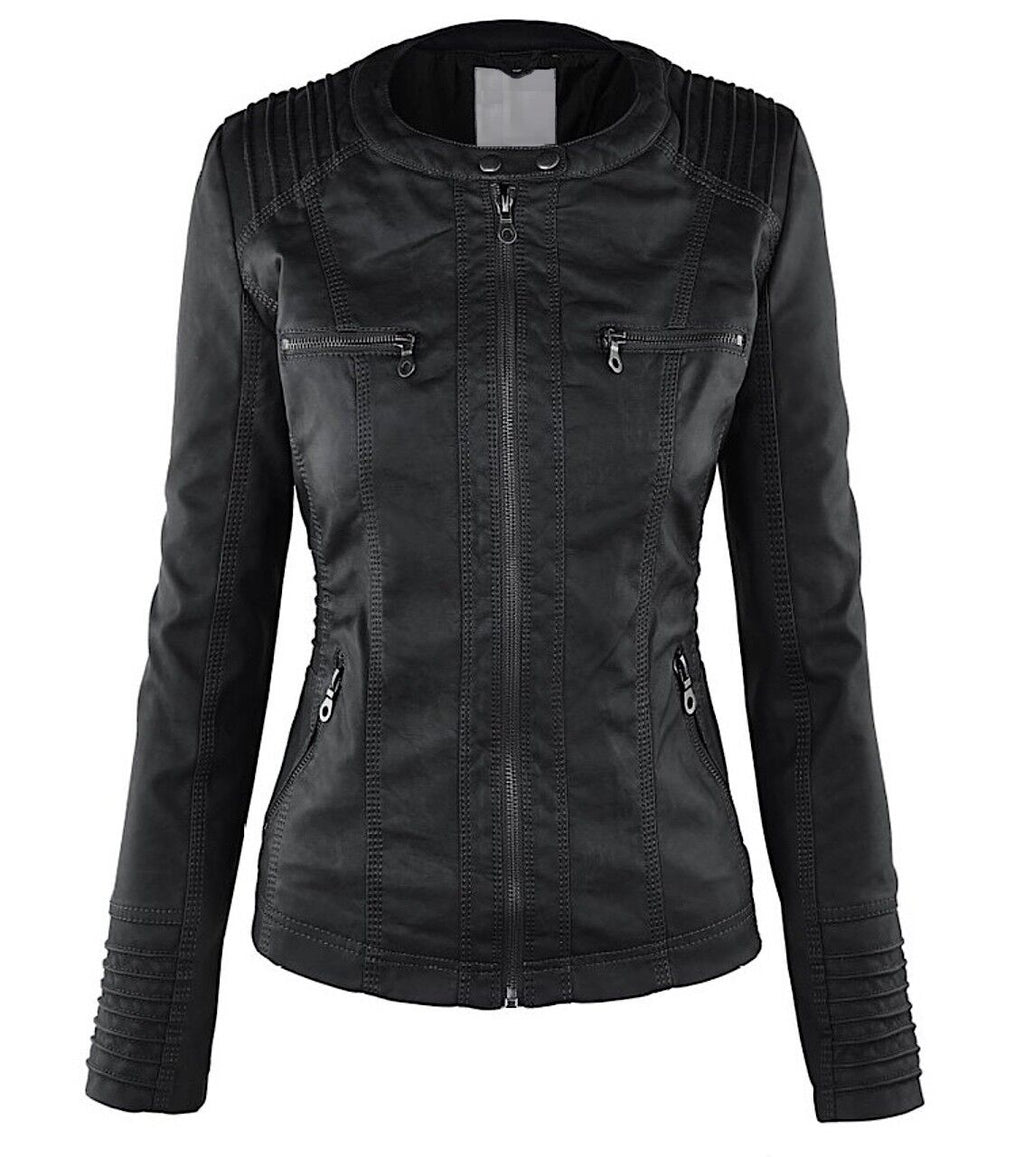 Women's Faux Leather Jacket – Classic Zip-Up Biker Jacket
