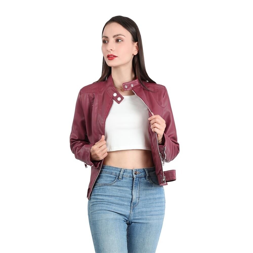 Women's Faux Leather Jacket – Retro Zip-Up Moto Jacket