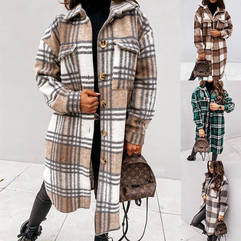 Women's Plaid Long Coat – Relaxed Button Front Winter Coat