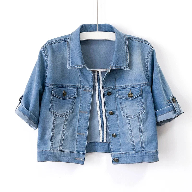 Women's Short Sleeve Jean Jacket – Cropped Relaxed Fit Button Jacket