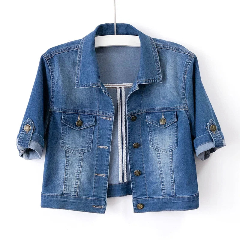 Women's Short Sleeve Jean Jacket – Cropped Relaxed Fit Button Jacket