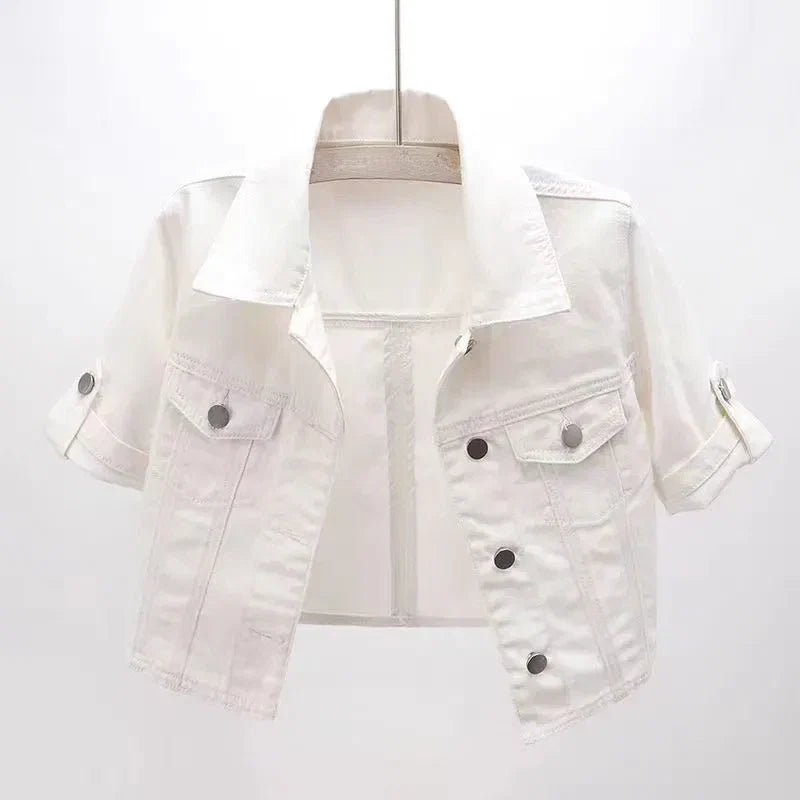 Women's Short Sleeve Jean Jacket – Cropped Relaxed Fit Button Jacket