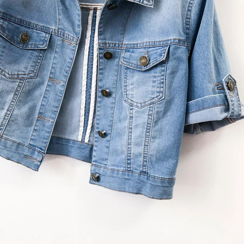 Women's Short Sleeve Jean Jacket – Cropped Relaxed Fit Button Jacket