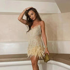 Women's Feather Hem Cocktail Dress – Sequin Spaghetti Strap Party Dress