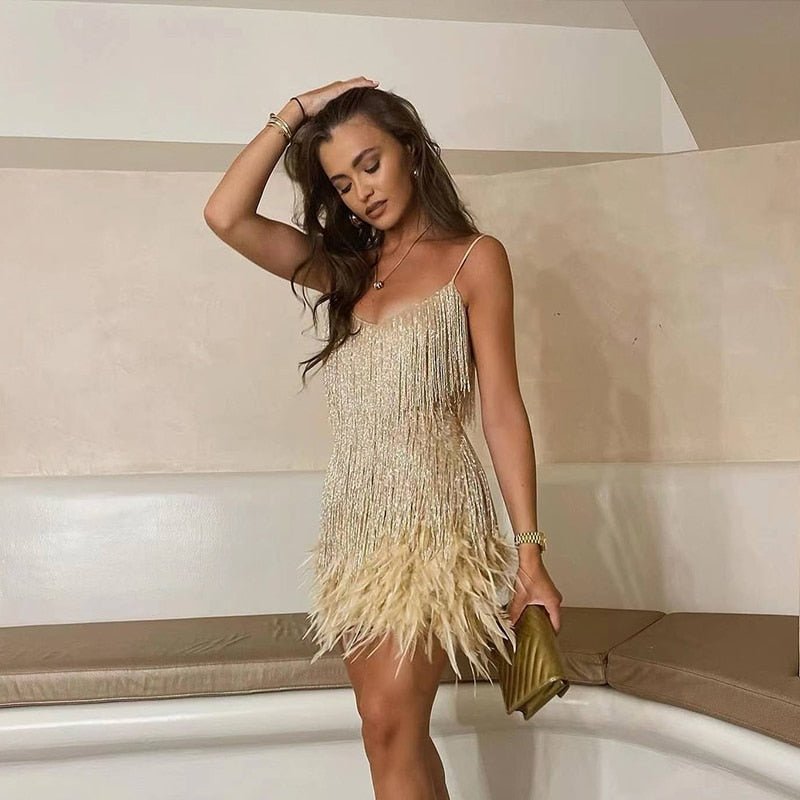 Women's Feather Hem Cocktail Dress – Sequin Spaghetti Strap Party Dress