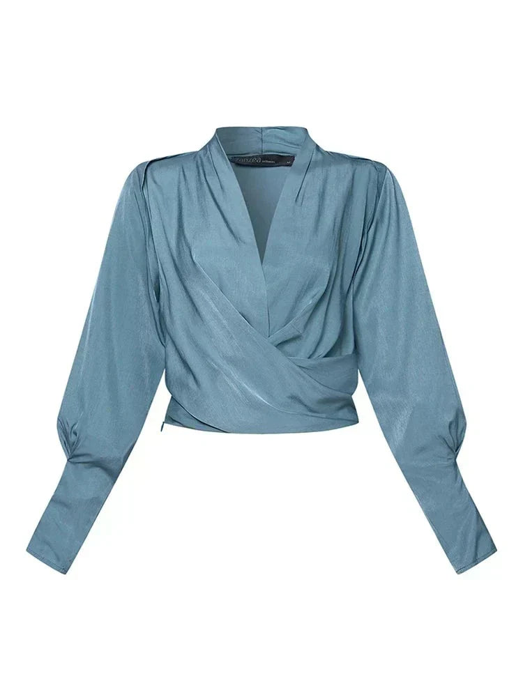 Women's Pleated Satin Blouse – V-Neck Puff Sleeve Blouse