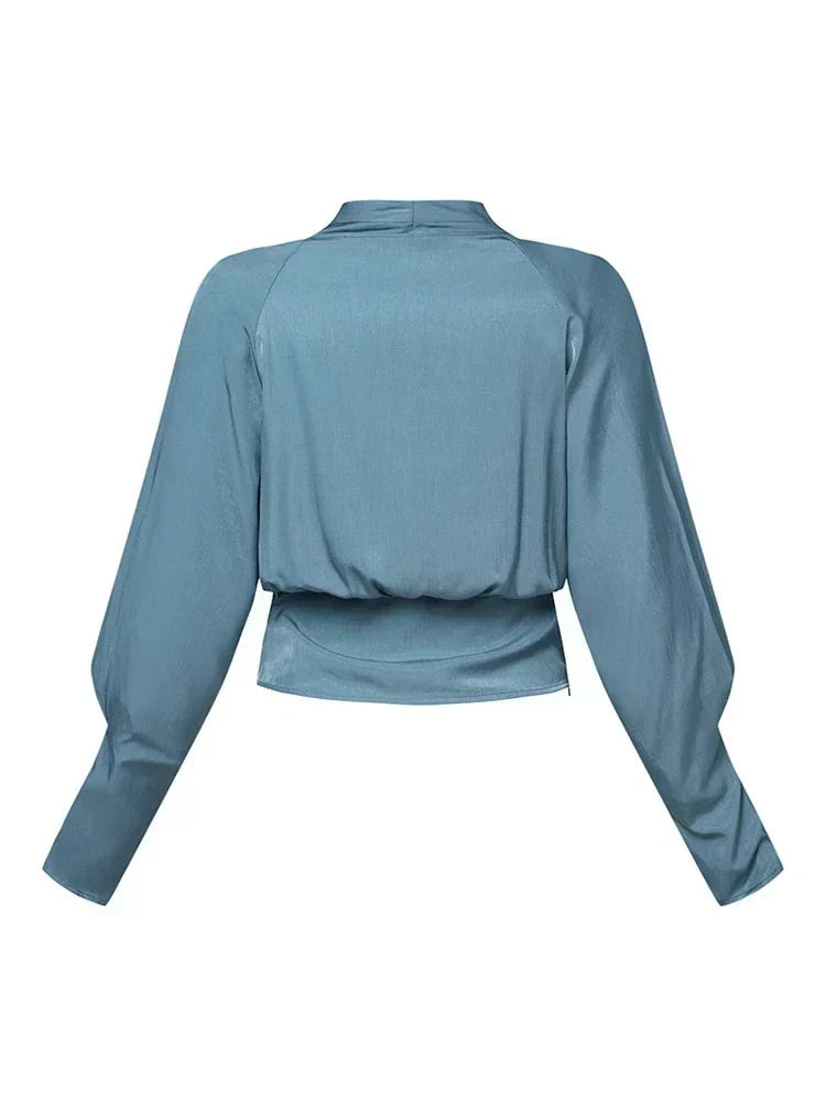 Women's Pleated Satin Blouse – V-Neck Puff Sleeve Blouse