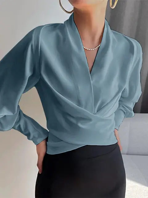 Women's Pleated Satin Blouse – V-Neck Puff Sleeve Blouse