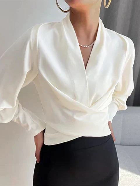 Women's Pleated Satin Blouse – V-Neck Puff Sleeve Blouse
