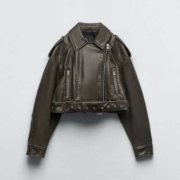 Women's Cropped Biker Jacket – Belted Leather Look Moto Jacket