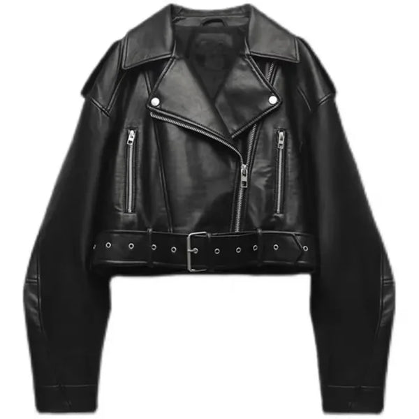 Women's Cropped Biker Jacket – Belted Leather Look Moto Jacket