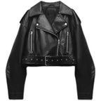 Women's Cropped Biker Jacket – Belted Leather Look Moto Jacket