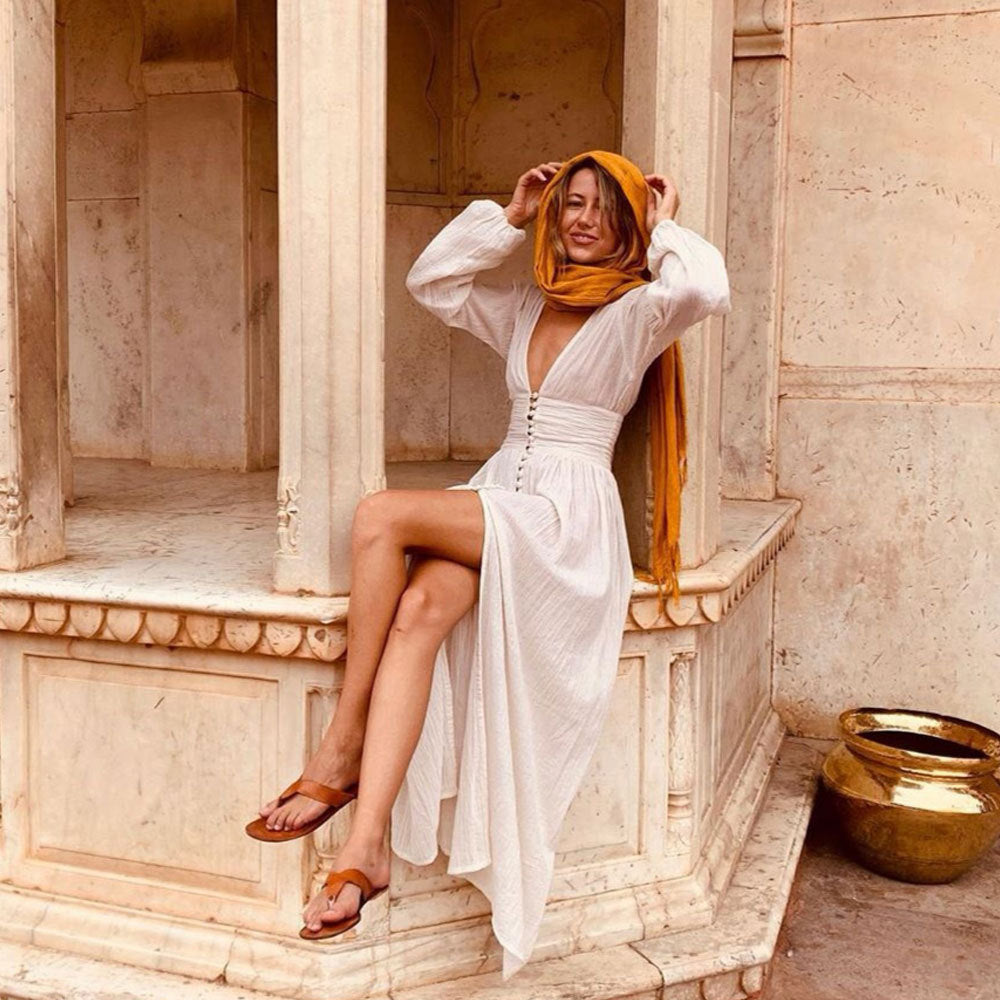 Women's Boho V-Neck Maxi Dress – Sleeveless Flowy Long Dress