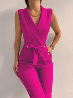 Women's Belted V-Neck Jumpsuit – Button Front Formal Occasion Jumpsuit