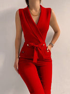 Women's Belted V-Neck Jumpsuit – Button Front Formal Occasion Jumpsuit