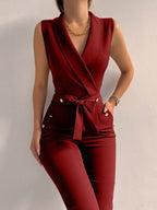 Women's Belted V-Neck Jumpsuit – Button Front Formal Occasion Jumpsuit
