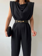 Women's Belted V-Neck Jumpsuit – Button Front Formal Occasion Jumpsuit