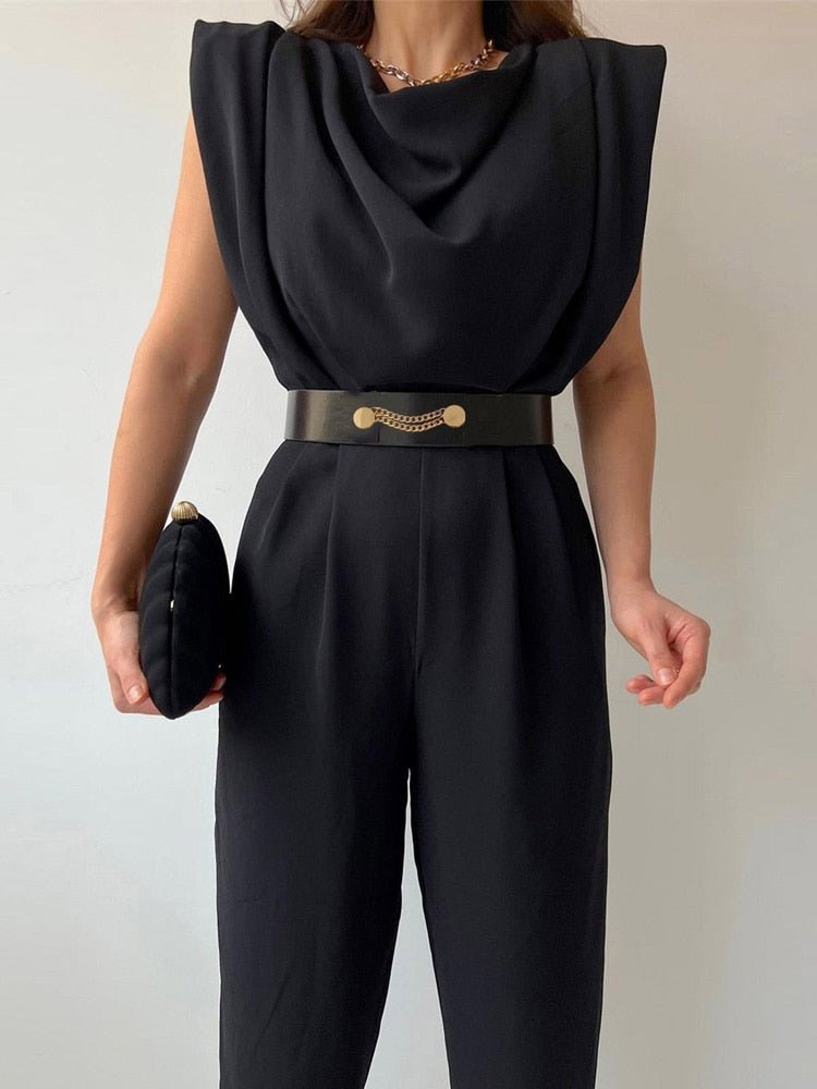 Women's Belted V-Neck Jumpsuit – Button Front Formal Occasion Jumpsuit
