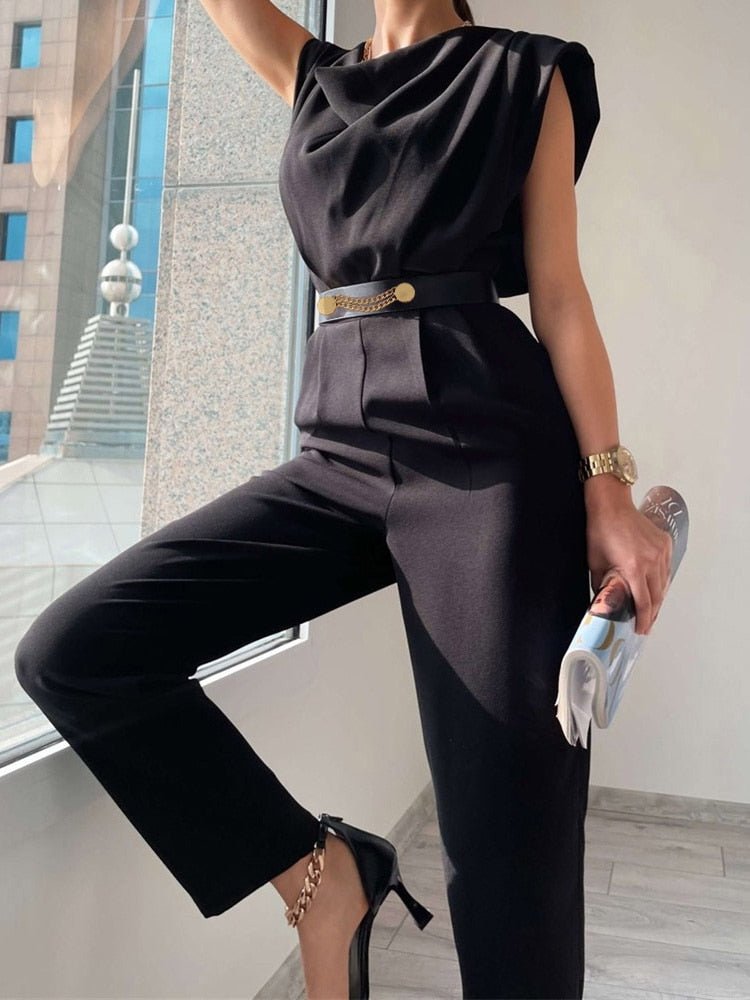 Women's Belted V-Neck Jumpsuit – Button Front Formal Occasion Jumpsuit