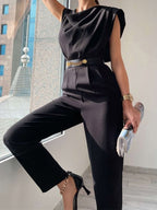 Women's Belted V-Neck Jumpsuit – Button Front Formal Occasion Jumpsuit