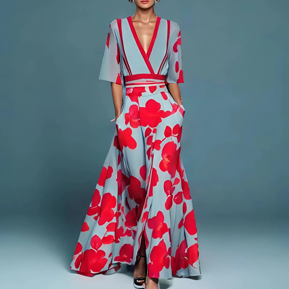 Women's V-Neck Floral Dress – Cinched Waist Flowy Dress