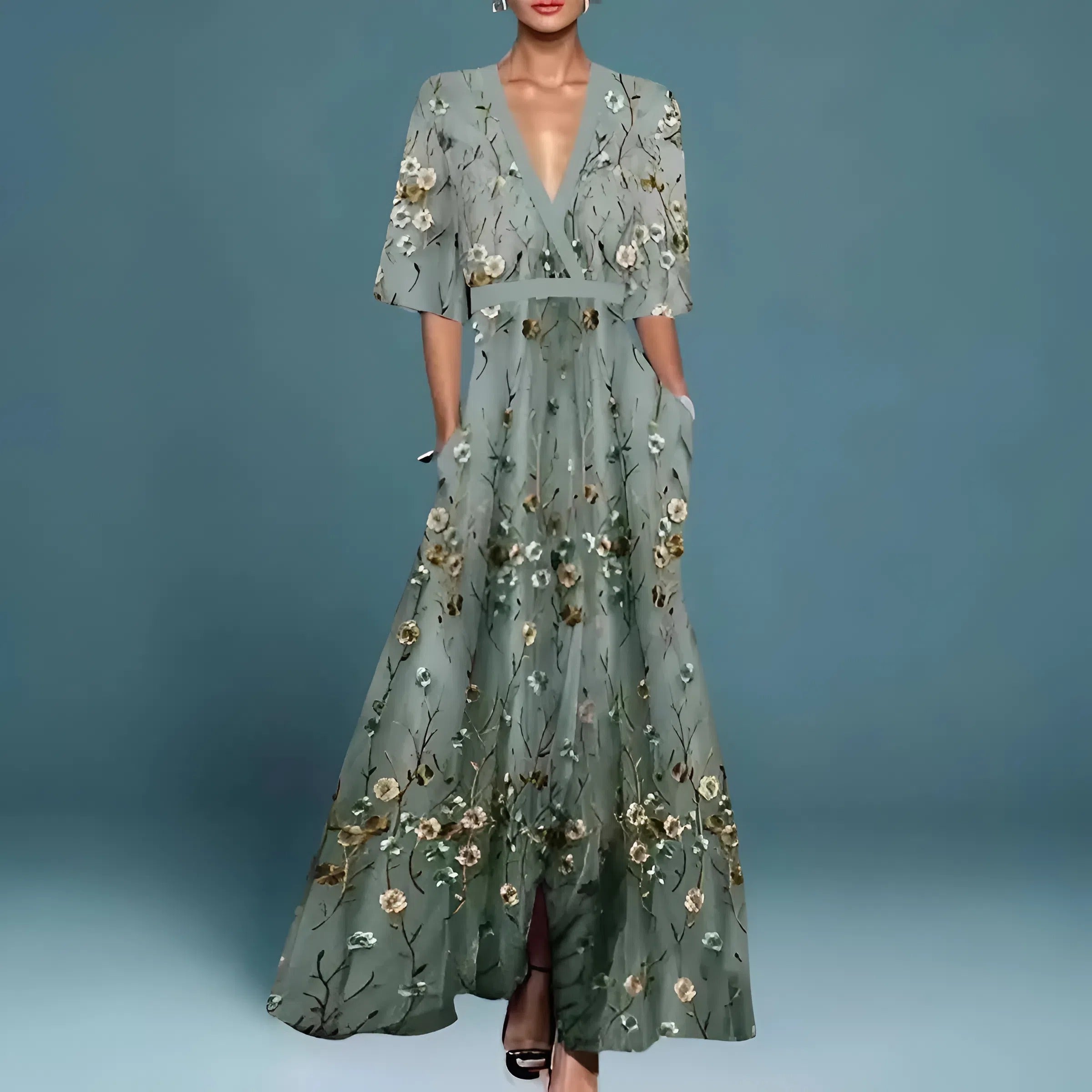 Women's V-Neck Floral Dress – Cinched Waist Flowy Dress