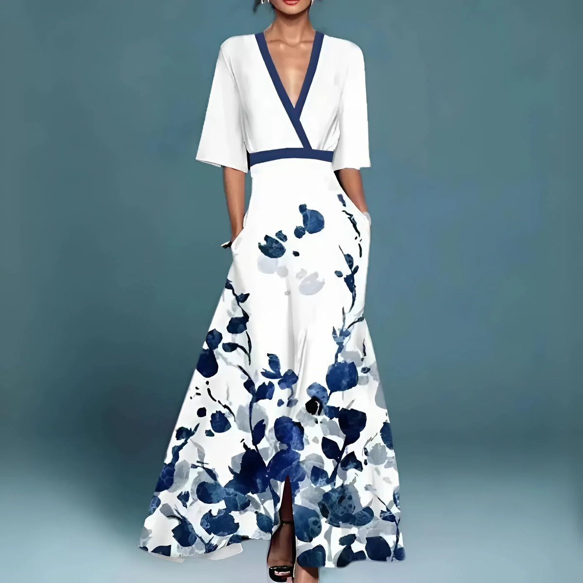 Women's V-Neck Floral Dress – Cinched Waist Flowy Dress