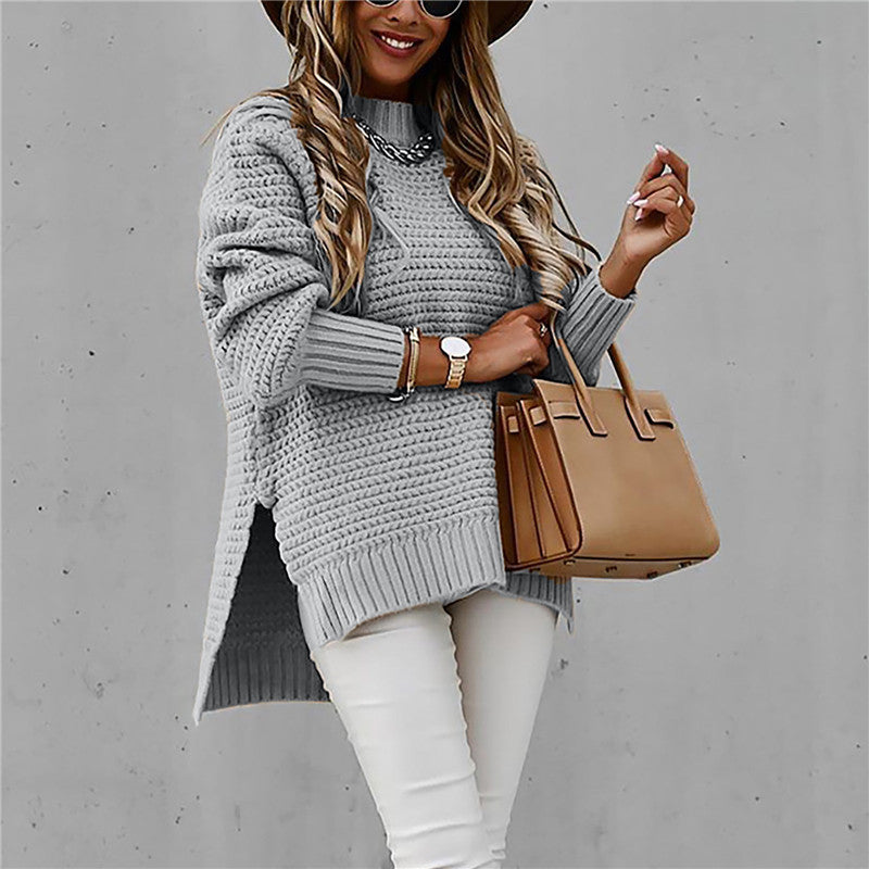 Women's High Neck Sweater – Side Split Longline Knit Sweater