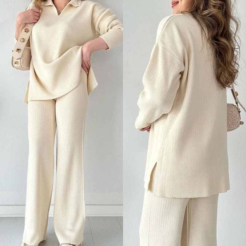 Women's Ribbed Oversized Loungewear Set – Side Slit Top and Elastic Waist Pants Set