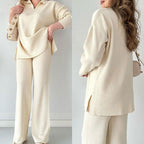 Women's Ribbed Oversized Loungewear Set – Side Slit Top and Elastic Waist Pants Set