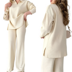 Women's Ribbed Oversized Loungewear Set – Side Slit Top and Elastic Waist Pants Set
