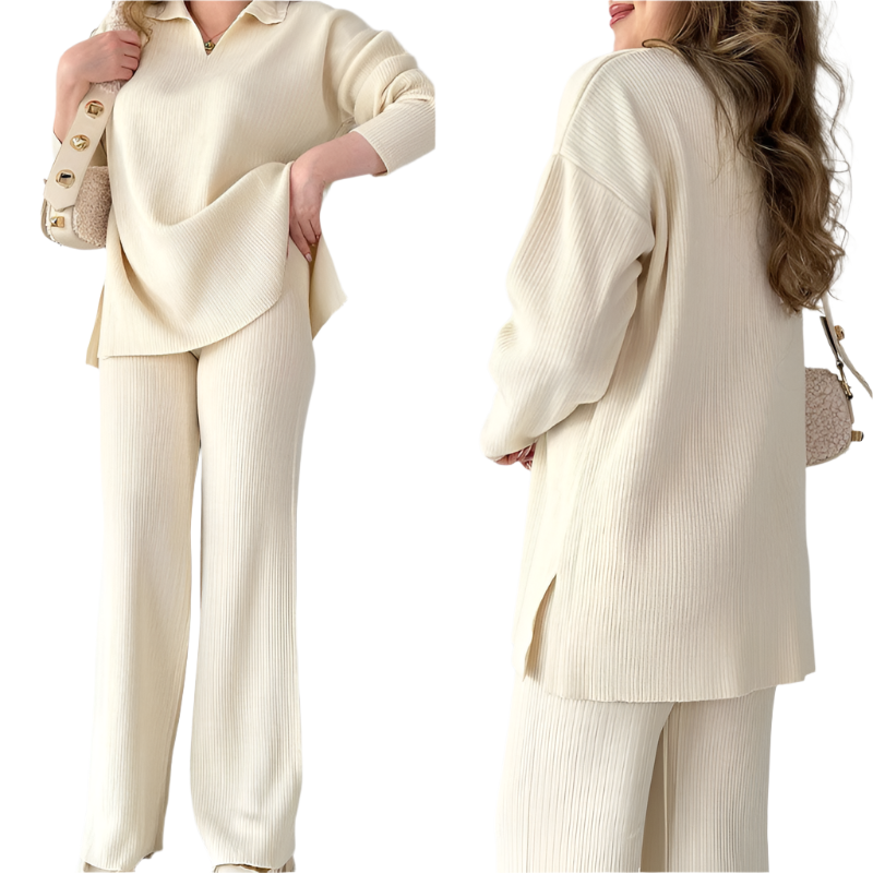 Women's Ribbed Oversized Loungewear Set – Side Slit Top and Elastic Waist Pants Set