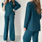 Women's Ribbed Oversized Loungewear Set – Side Slit Top and Elastic Waist Pants Set