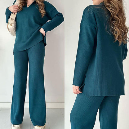 Women's Ribbed Oversized Loungewear Set – Side Slit Top and Elastic Waist Pants Set