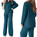 Women's Ribbed Oversized Loungewear Set – Side Slit Top and Elastic Waist Pants Set