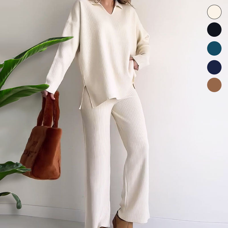 Women's Ribbed Oversized Loungewear Set – Side Slit Top and Elastic Waist Pants Set
