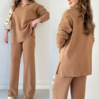 Women's Ribbed Oversized Loungewear Set – Side Slit Top and Elastic Waist Pants Set