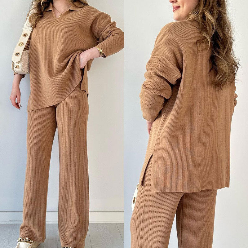 Women's Ribbed Oversized Loungewear Set – Side Slit Top and Elastic Waist Pants Set