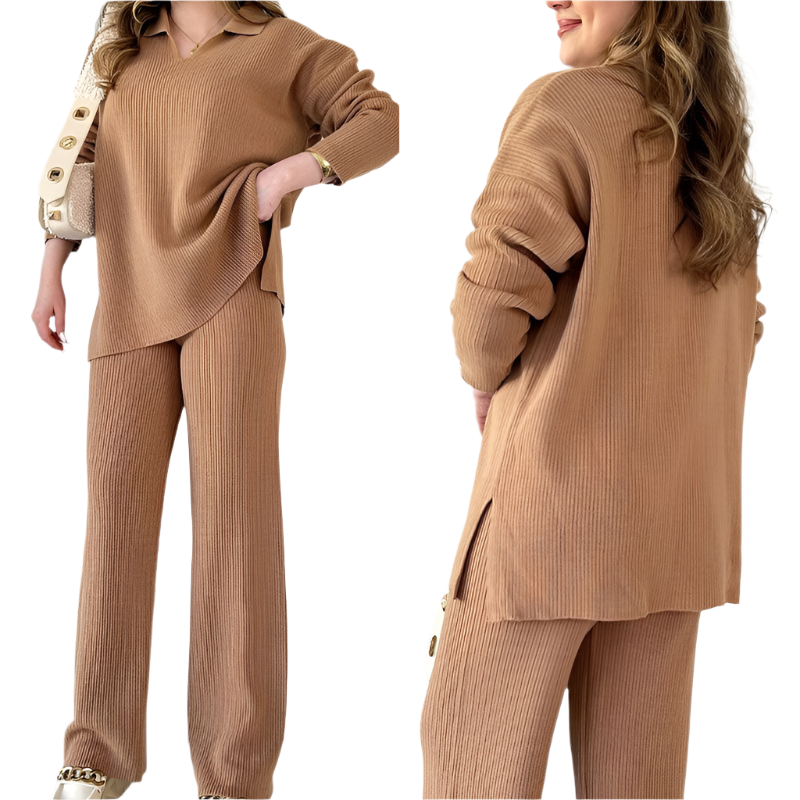 Women's Ribbed Oversized Loungewear Set – Side Slit Top and Elastic Waist Pants Set
