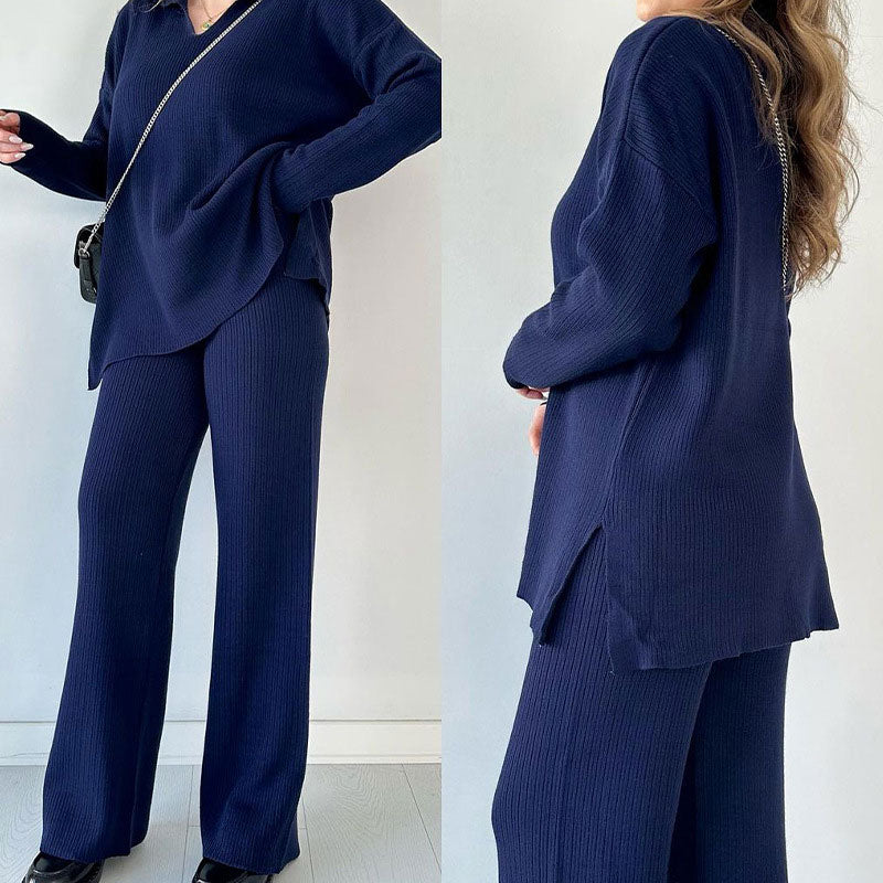 Women's Ribbed Oversized Loungewear Set – Side Slit Top and Elastic Waist Pants Set
