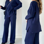 Women's Ribbed Oversized Loungewear Set – Side Slit Top and Elastic Waist Pants Set