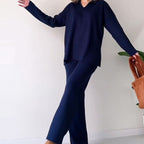 Women's Ribbed Oversized Loungewear Set – Side Slit Top and Elastic Waist Pants Set