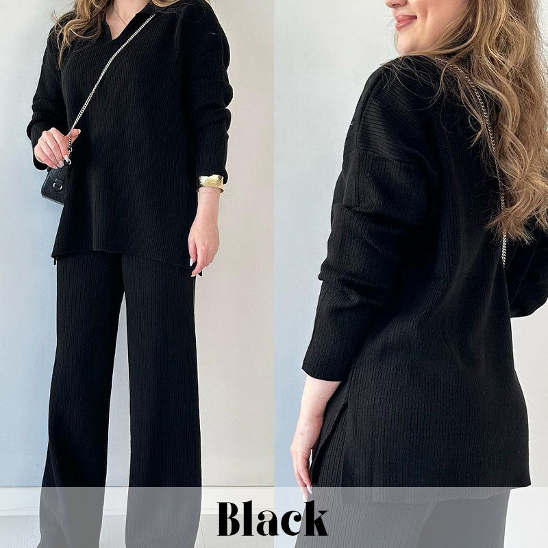 Women's Ribbed Oversized Loungewear Set – Side Slit Top and Elastic Waist Pants Set