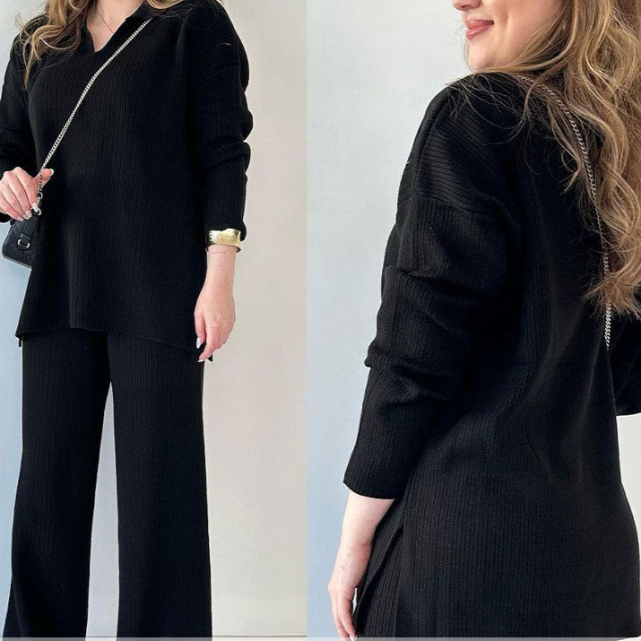 Women's Ribbed Oversized Loungewear Set – Side Slit Top and Elastic Waist Pants Set