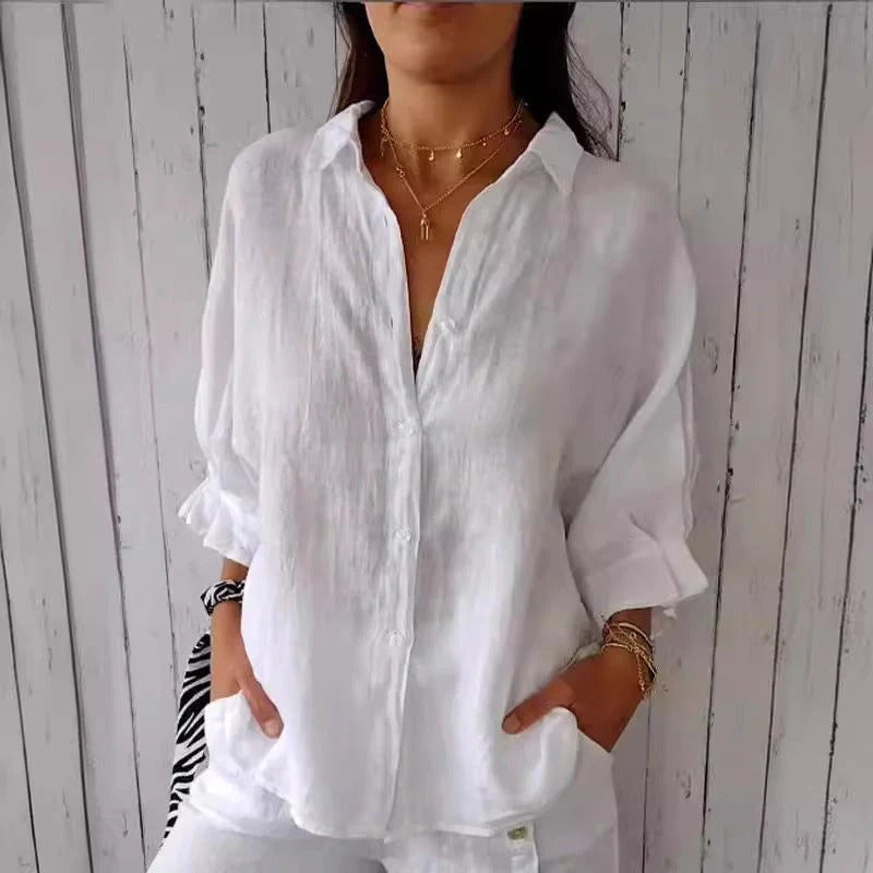 Women's V-Neck Tie Blouse – Adjustable Roll Sleeve Blouse