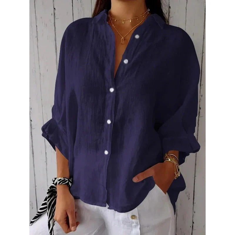 Women's V-Neck Tie Blouse – Adjustable Roll Sleeve Blouse