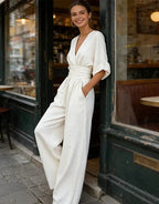 Women's V-Neck Wrap Wide Leg Jumpsuit – Cinched Waist Formal Occasion Jumpsuit