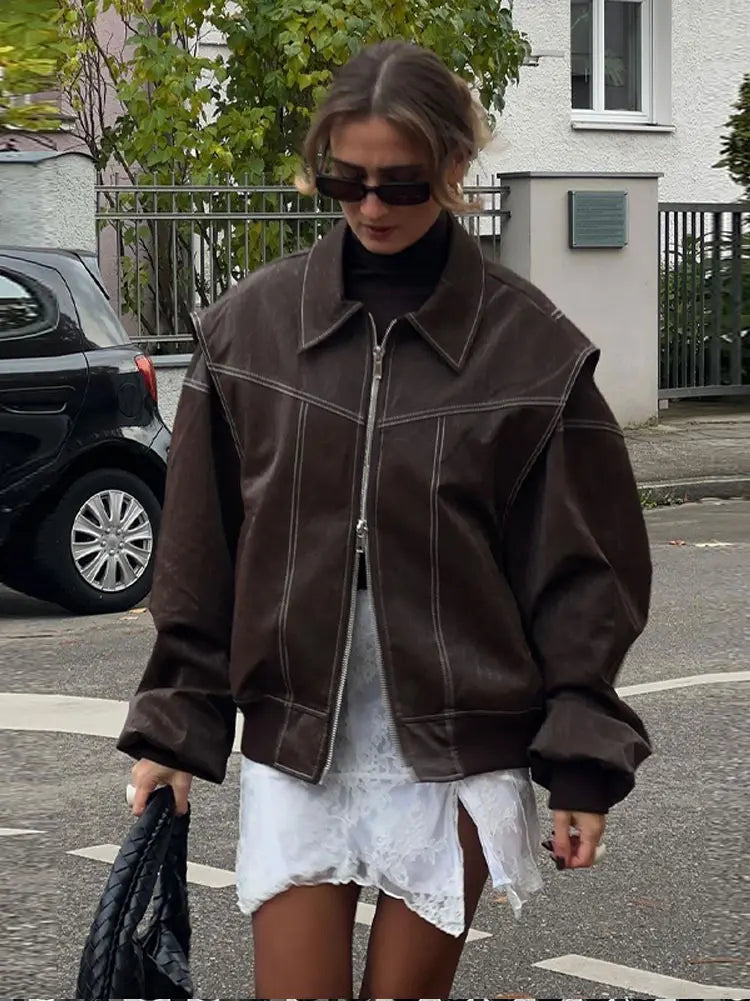 Women's Brown Leather Look Bomber Jacket – Oversized Vintage Zip Jacket