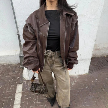 Women's Brown Leather Look Bomber Jacket – Oversized Vintage Zip Jacket
